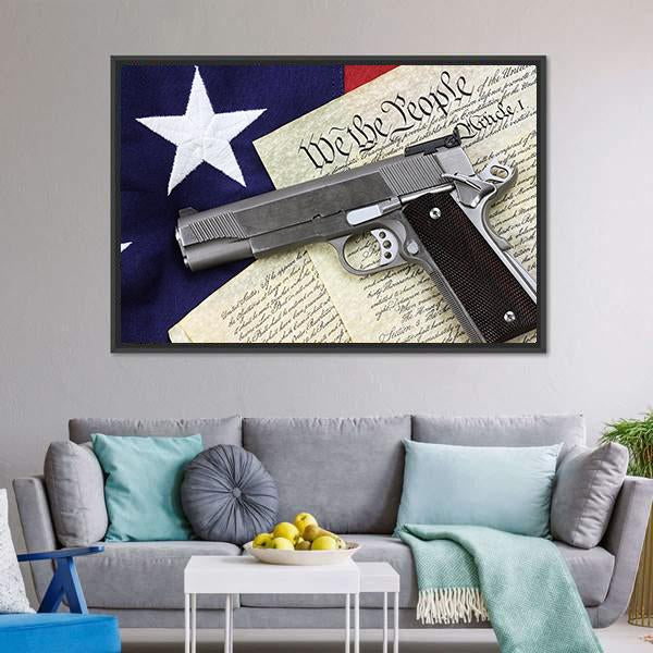 Gun With American Flag Canvas Wall Art-3 Horizontal-Gallery Wrap-25" x 16"-Tiaracle