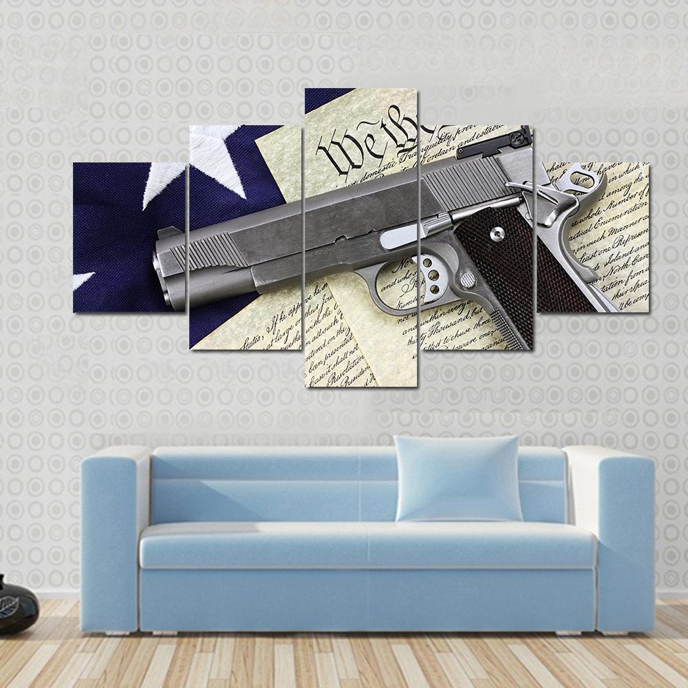 Gun With American Flag Canvas Wall Art-5 Star-Gallery Wrap-62" x 32"-Tiaracle