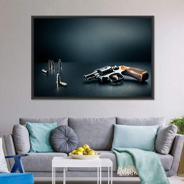 Gun With Bullet Shells Canvas Wall Art-3 Horizontal-Gallery Wrap-25" x 16"-Tiaracle