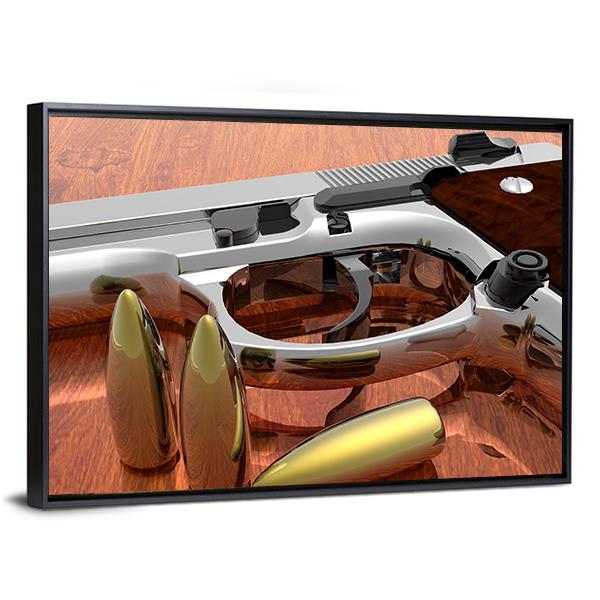 Gun With Bullets On Table Canvas Wall Art-3 Horizontal-Gallery Wrap-25" x 16"-Tiaracle