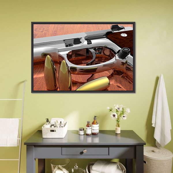 Gun With Bullets On Table Canvas Wall Art-1 Piece-Floating Frame-24" x 16"-Tiaracle