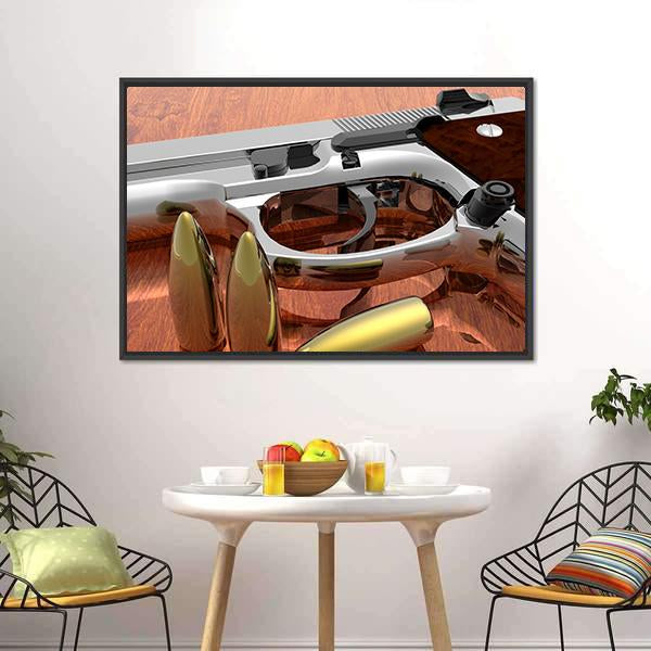 Gun With Bullets On Table Canvas Wall Art-3 Horizontal-Gallery Wrap-25" x 16"-Tiaracle