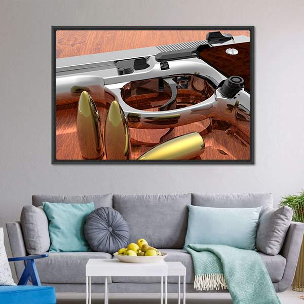 Gun With Bullets On Table Canvas Wall Art-3 Horizontal-Gallery Wrap-25" x 16"-Tiaracle