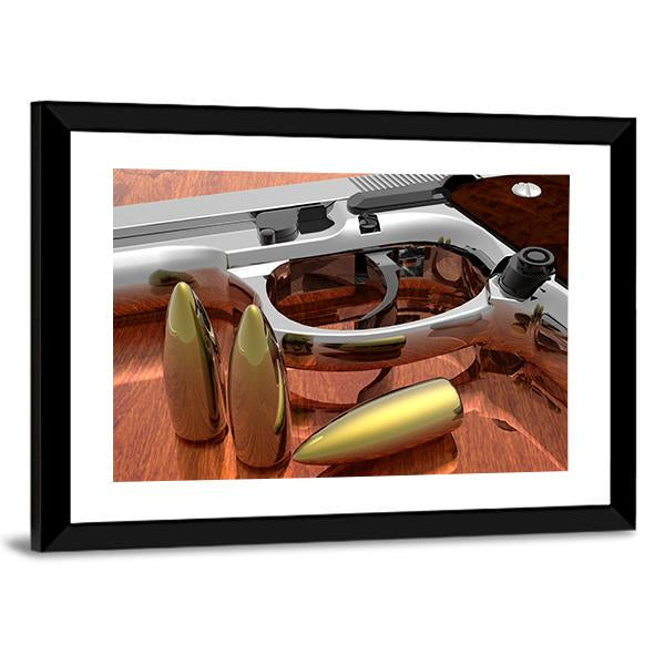 Gun With Bullets On Table Canvas Wall Art-3 Horizontal-Gallery Wrap-25" x 16"-Tiaracle