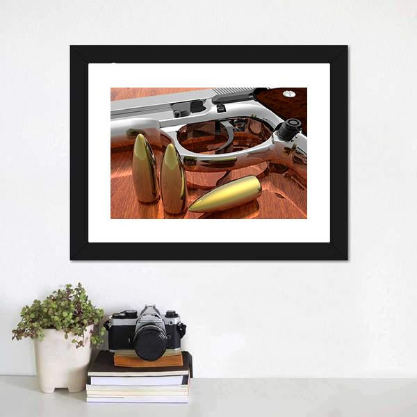 Gun With Bullets On Table Canvas Wall Art-1 Piece-Framed Print-20" x 16"-Tiaracle