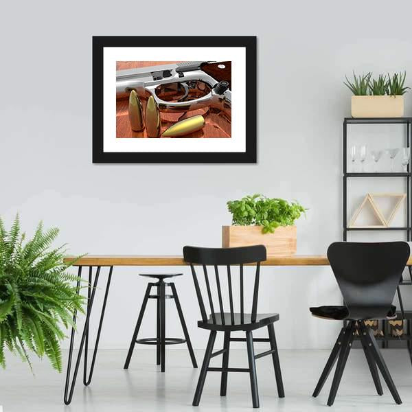 Gun With Bullets On Table Canvas Wall Art-3 Horizontal-Gallery Wrap-25" x 16"-Tiaracle