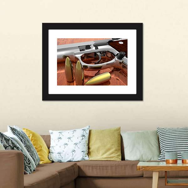 Gun With Bullets On Table Canvas Wall Art-3 Horizontal-Gallery Wrap-25" x 16"-Tiaracle