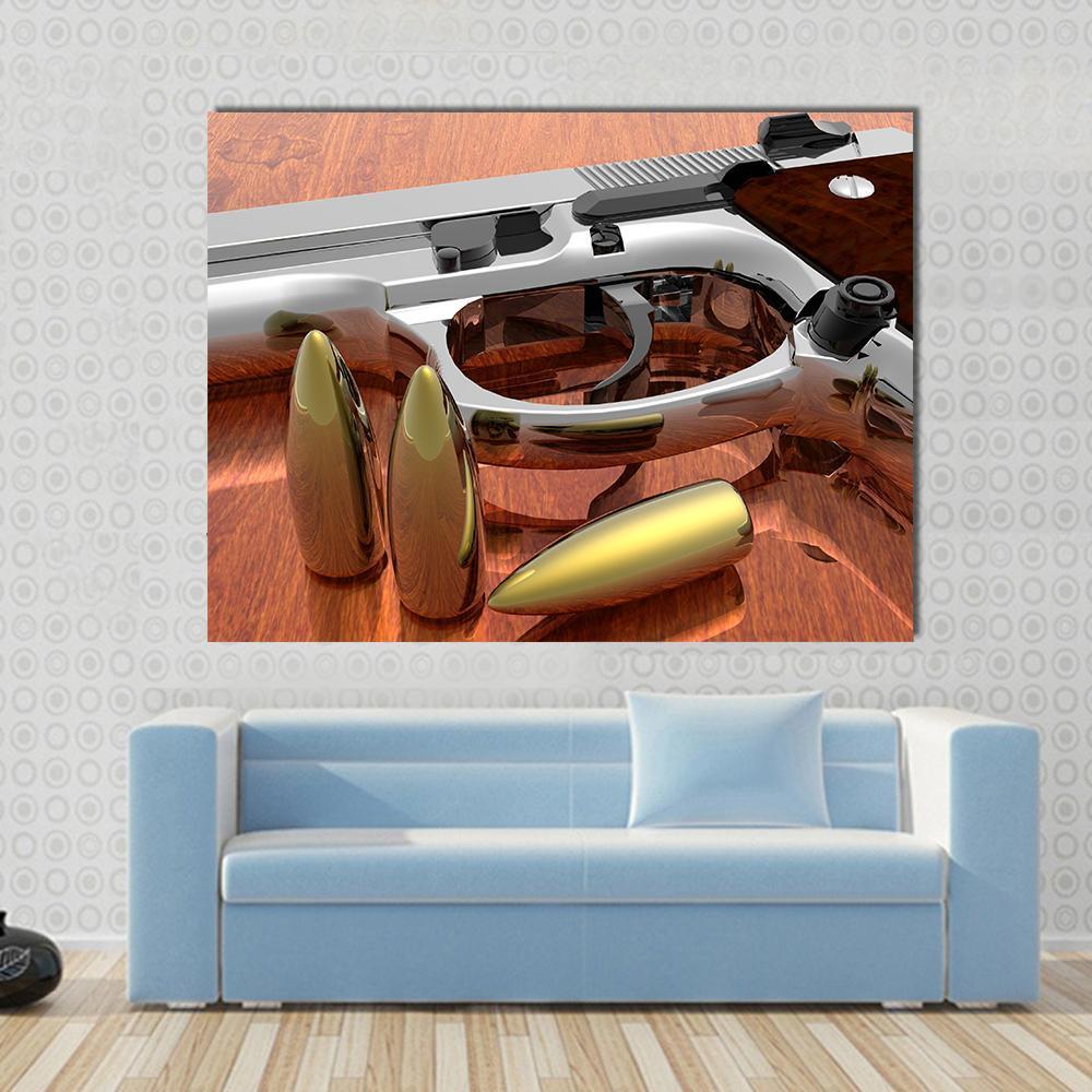 Gun With Bullets On Table Canvas Wall Art-1 Piece-Gallery Wrap-48" x 32"-Tiaracle