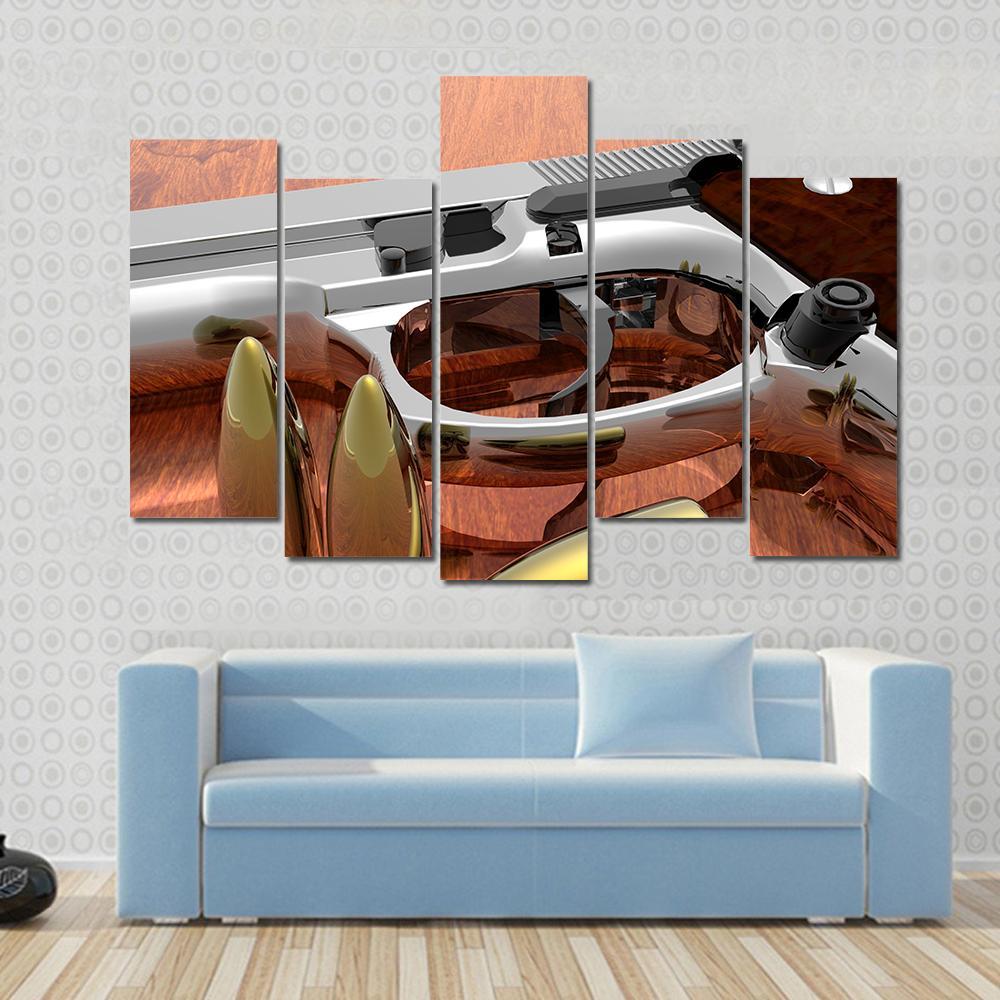 Gun With Bullets On Table Canvas Wall Art-5 Pop-Gallery Wrap-47" x 32"-Tiaracle