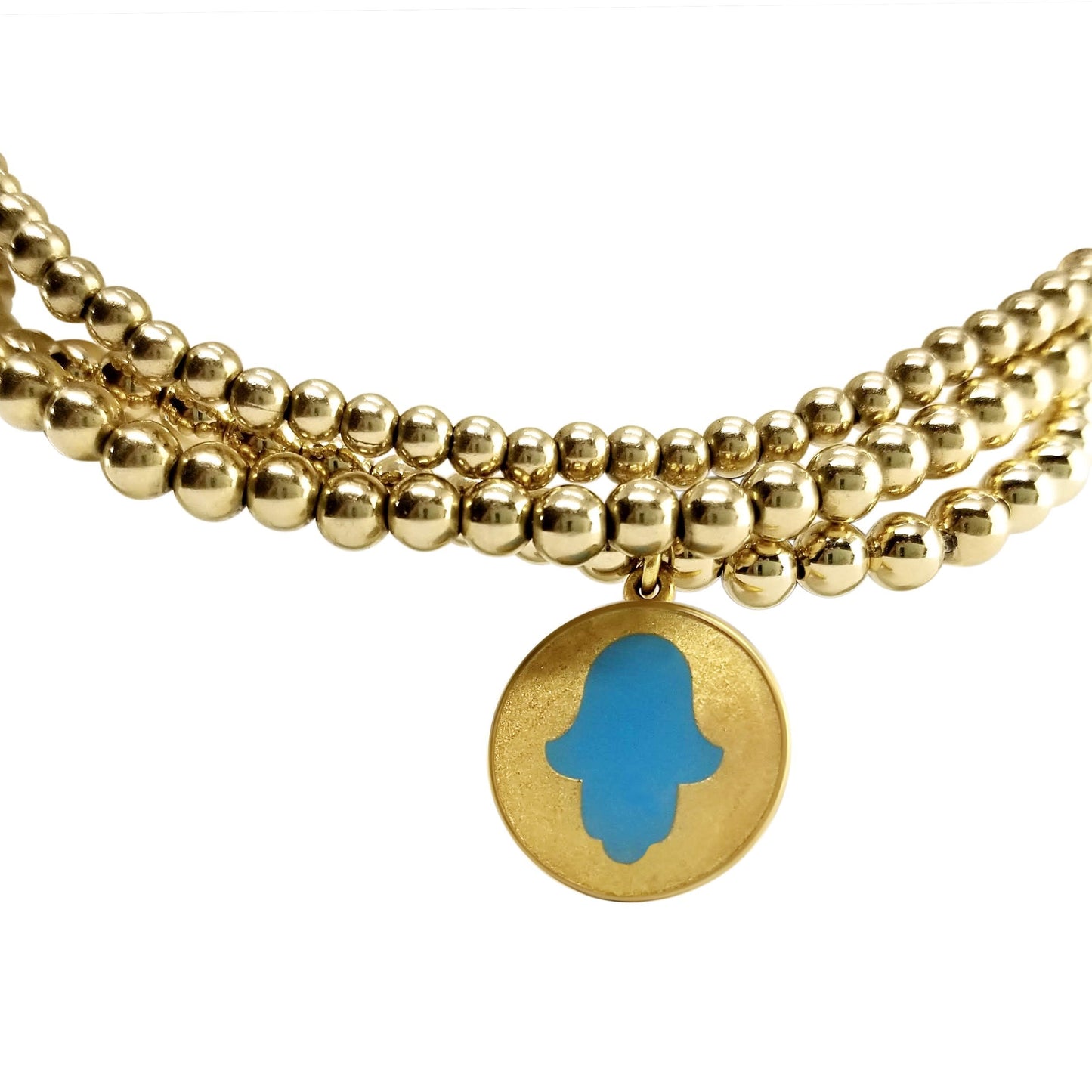 Blauer Hamsa-Hand-Anhänger auf Perlenarmband in Gold