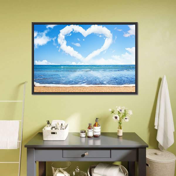 Heart Of Clouds On Beach Canvas Wall Art-1 Piece-Floating Frame-24" x 16"-Tiaracle