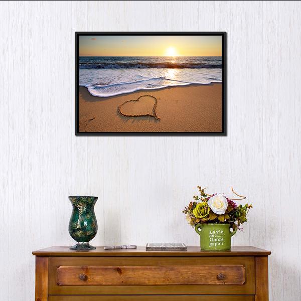 Heart On Beach Canvas Wall Art-1 Piece-Floating Frame-24" x 16"-Tiaracle