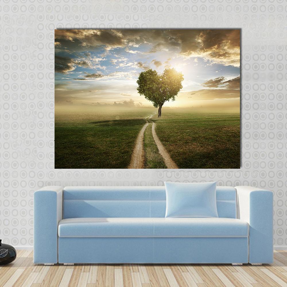 Heart Shaped Tree At Sunset Canvas Wall Art-1 Piece-Gallery Wrap-48" x 32"-Tiaracle