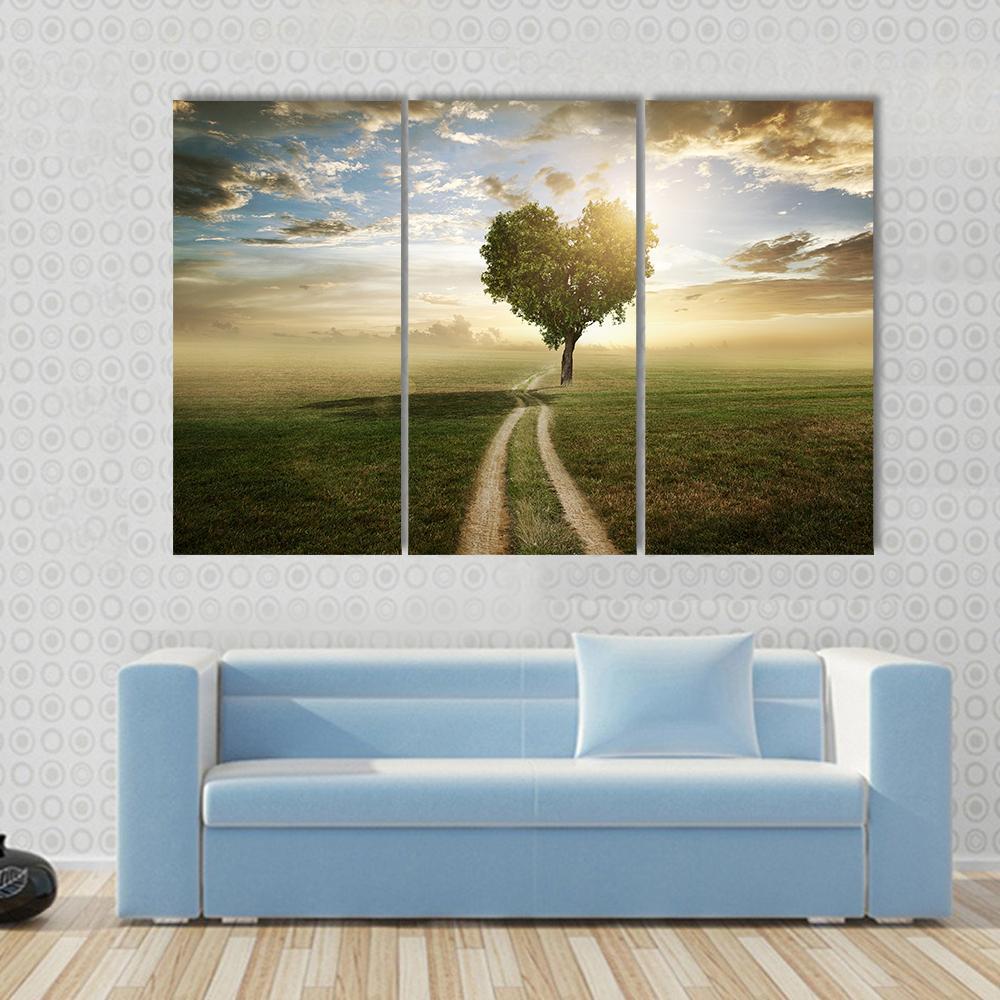 Heart Shaped Tree At Sunset Canvas Wall Art-3 Horizontal-Gallery Wrap-37" x 24"-Tiaracle