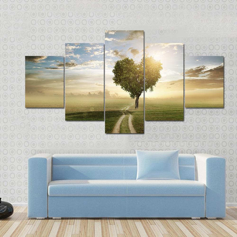 Heart Shaped Tree At Sunset Canvas Wall Art-5 Star-Gallery Wrap-62" x 32"-Tiaracle