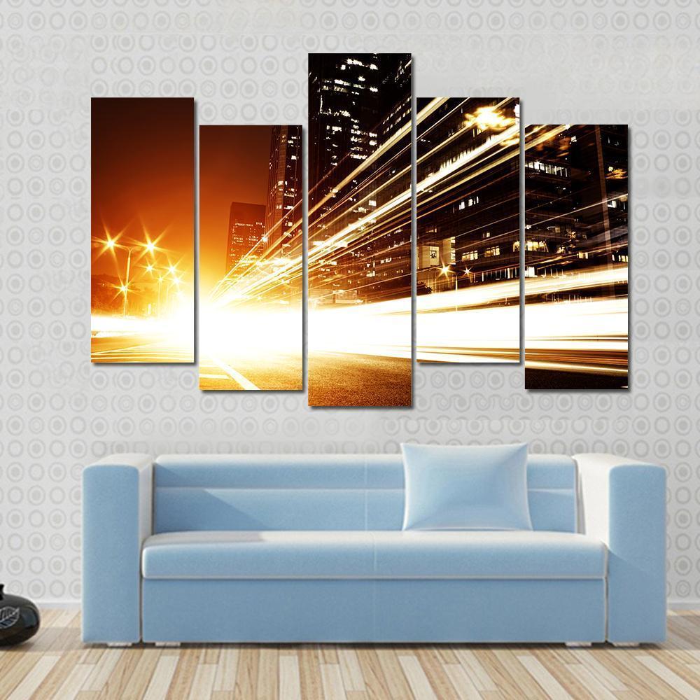 High Speed Cars At Night Canvas Wall Art-5 Pop-Gallery Wrap-47" x 32"-Tiaracle