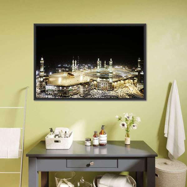 Holy Kaaba At Night Canvas Wall Art-1 Piece-Floating Frame-24" x 16"-Tiaracle