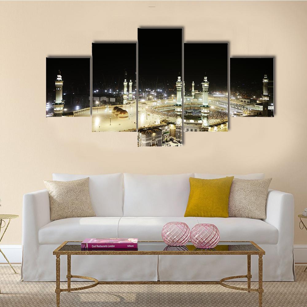 Holy Kaaba At Night Canvas Wall Art-5 Star-Gallery Wrap-62" x 32"-Tiaracle