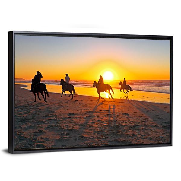 Horse Riding On Beach At Sunset Canvas Wall Art-3 Horizontal-Gallery Wrap-25" x 16"-Tiaracle