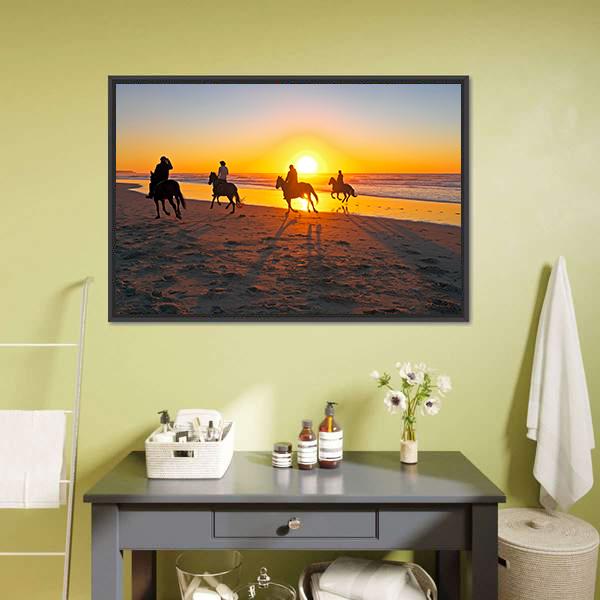 Horse Riding On Beach At Sunset Canvas Wall Art-1 Piece-Floating Frame-24" x 16"-Tiaracle