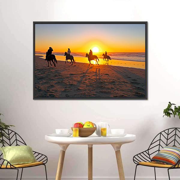 Horse Riding On Beach At Sunset Canvas Wall Art-3 Horizontal-Gallery Wrap-25" x 16"-Tiaracle