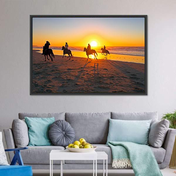 Horse Riding On Beach At Sunset Canvas Wall Art-3 Horizontal-Gallery Wrap-25" x 16"-Tiaracle