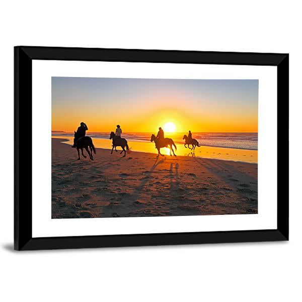 Horse Riding On Beach At Sunset Canvas Wall Art-3 Horizontal-Gallery Wrap-25" x 16"-Tiaracle