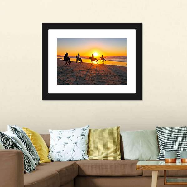 Horse Riding On Beach At Sunset Canvas Wall Art-3 Horizontal-Gallery Wrap-25" x 16"-Tiaracle