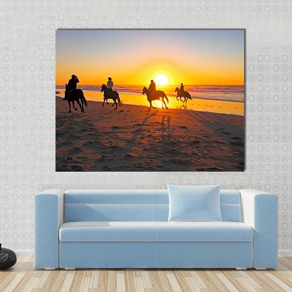 Horse Riding On Beach At Sunset Canvas Wall Art-1 Piece-Gallery Wrap-48" x 32"-Tiaracle