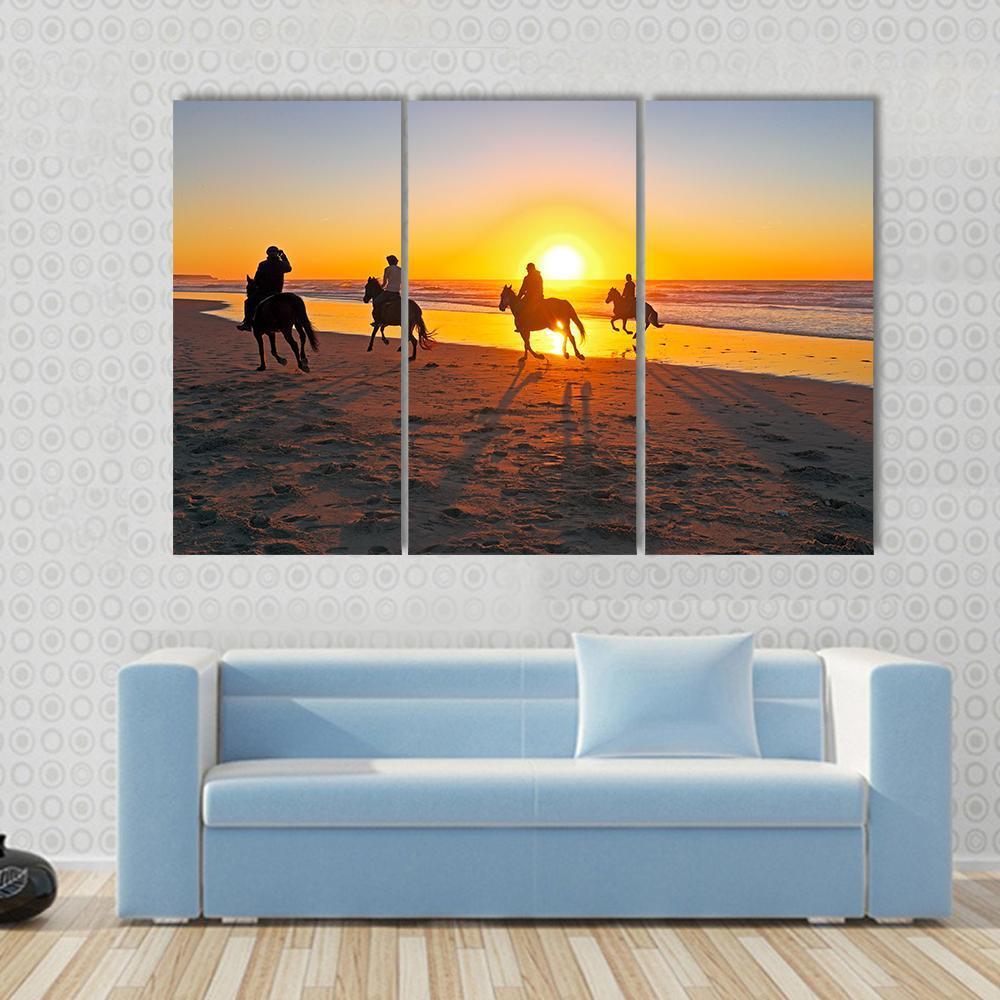 Horse Riding On Beach At Sunset Canvas Wall Art-3 Horizontal-Gallery Wrap-37" x 24"-Tiaracle