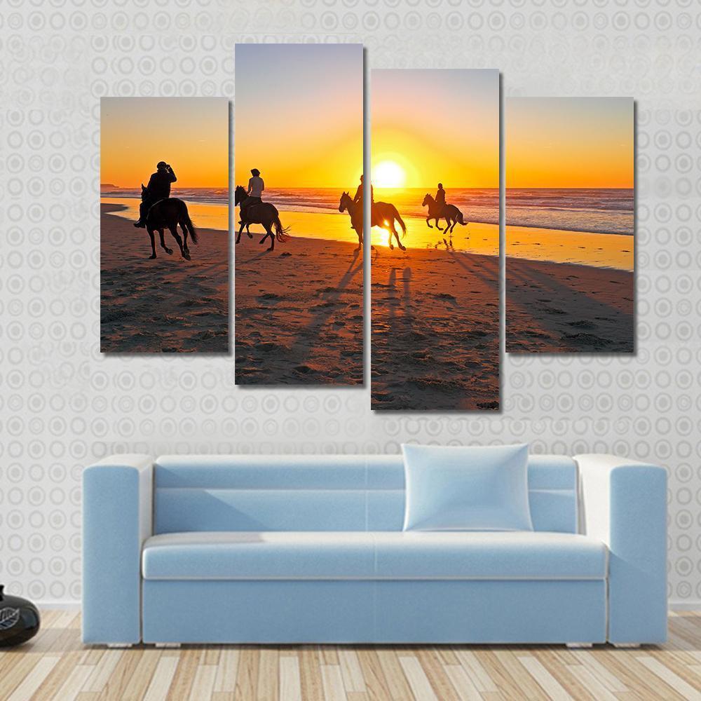 Horse Riding On Beach At Sunset Canvas Wall Art-4 Pop-Gallery Wrap-50" x 32"-Tiaracle