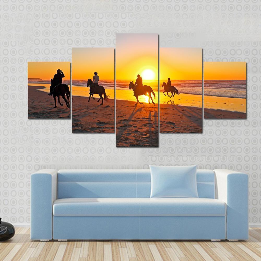 Horse Riding On Beach At Sunset Canvas Wall Art-5 Star-Gallery Wrap-62" x 32"-Tiaracle