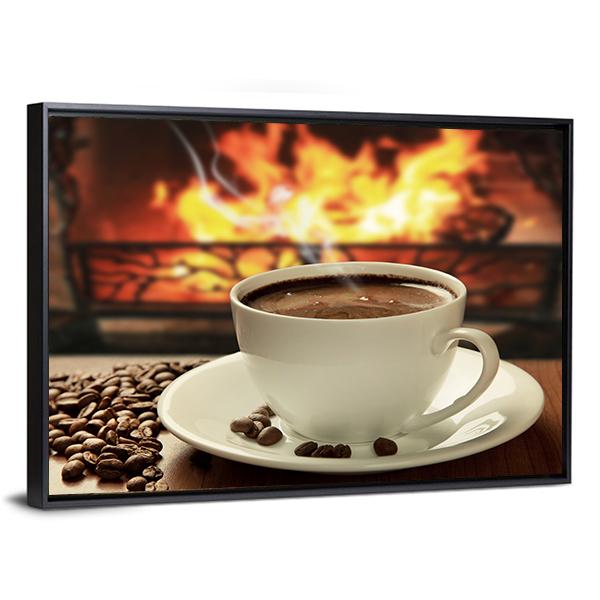 Hot Coffee Near Fireplace Canvas Wall Art-3 Horizontal-Gallery Wrap-25" x 16"-Tiaracle