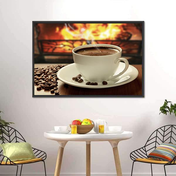 Hot Coffee Near Fireplace Canvas Wall Art-3 Horizontal-Gallery Wrap-25" x 16"-Tiaracle