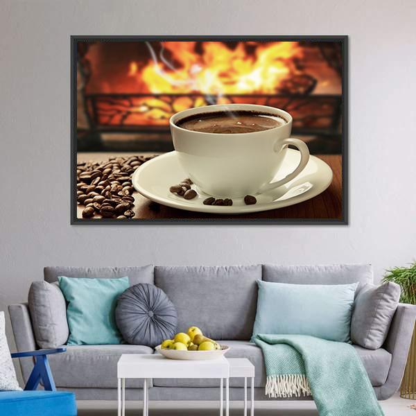 Hot Coffee Near Fireplace Canvas Wall Art-3 Horizontal-Gallery Wrap-25" x 16"-Tiaracle