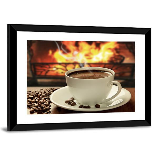 Hot Coffee Near Fireplace Canvas Wall Art-3 Horizontal-Gallery Wrap-25" x 16"-Tiaracle