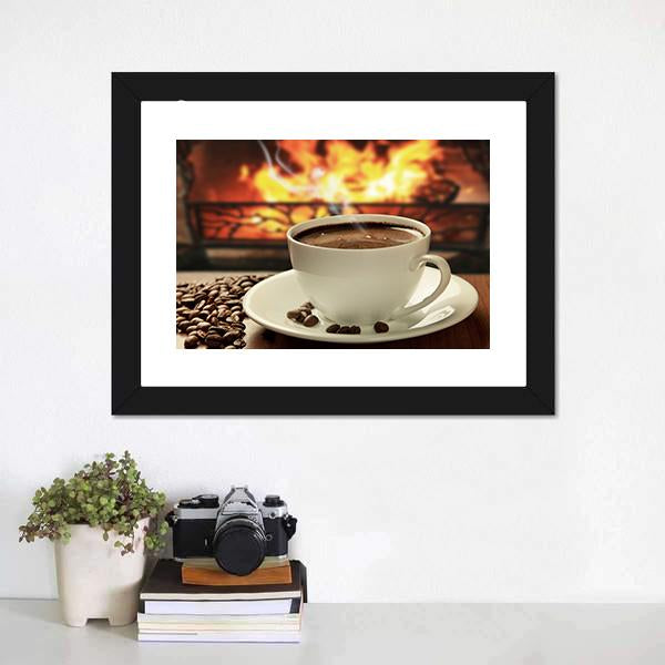 Hot Coffee Near Fireplace Canvas Wall Art-1 Piece-Framed Print-20" x 16"-Tiaracle