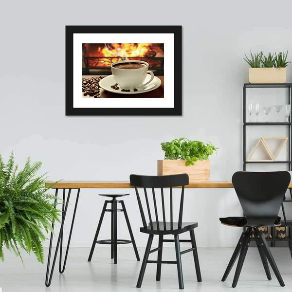 Hot Coffee Near Fireplace Canvas Wall Art-3 Horizontal-Gallery Wrap-25" x 16"-Tiaracle