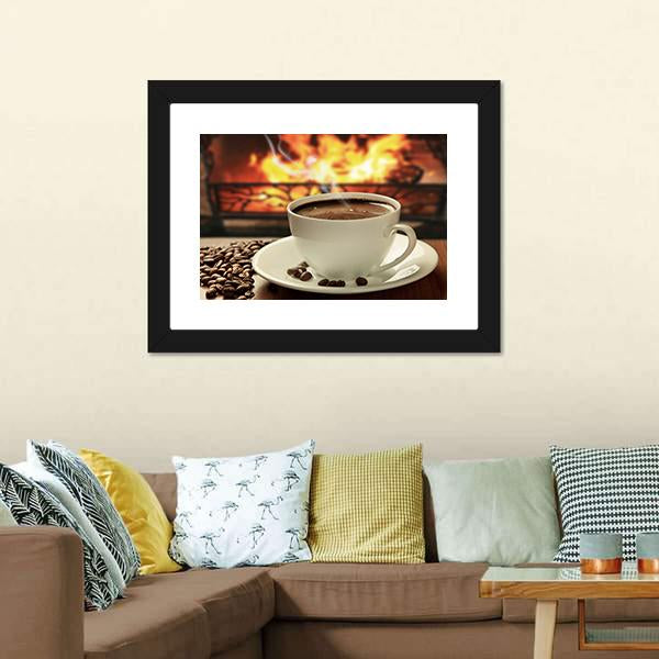 Hot Coffee Near Fireplace Canvas Wall Art-3 Horizontal-Gallery Wrap-25" x 16"-Tiaracle