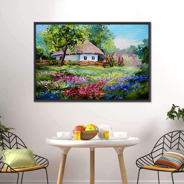 House In Village Canvas Wall Art-1 Piece-Floating Frame-24" x 16"-Tiaracle