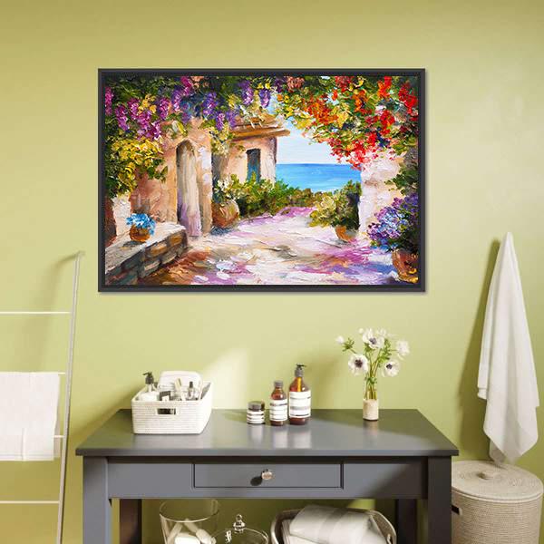 House Near Sea Canvas Wall Art-1 Piece-Floating Frame-24" x 16"-Tiaracle