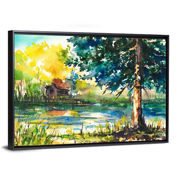 House Near The Lake Canvas Wall Art-3 Horizontal-Gallery Wrap-25" x 16"-Tiaracle