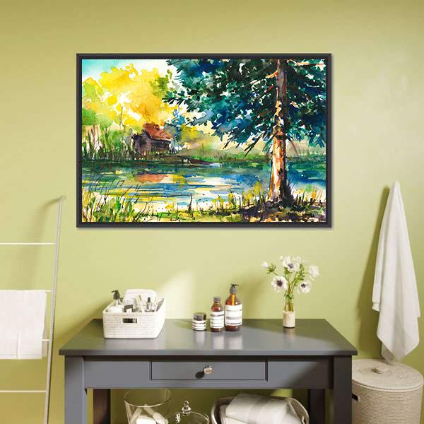 House Near The Lake Canvas Wall Art-1 Piece-Floating Frame-24" x 16"-Tiaracle