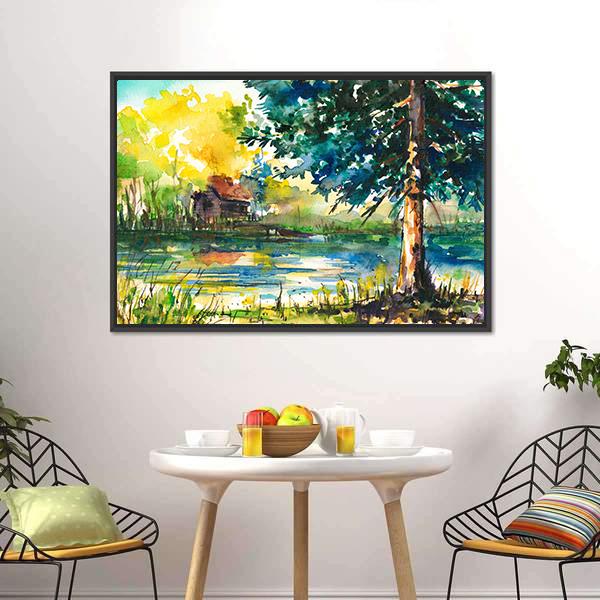 House Near The Lake Canvas Wall Art-3 Horizontal-Gallery Wrap-25" x 16"-Tiaracle