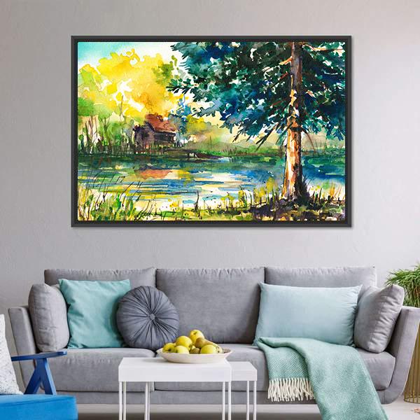 House Near The Lake Canvas Wall Art-3 Horizontal-Gallery Wrap-25" x 16"-Tiaracle