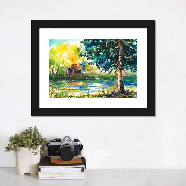 House Near The Lake Canvas Wall Art-1 Piece-Framed Print-20" x 16"-Tiaracle