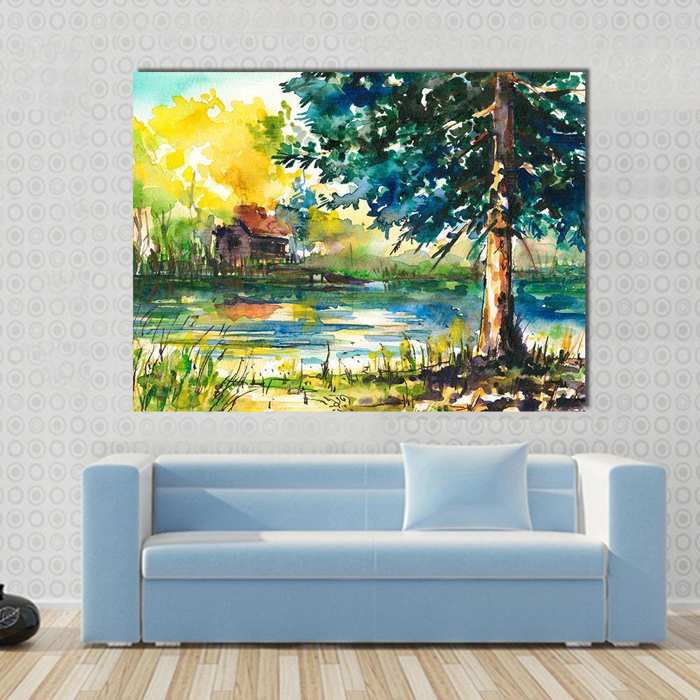 House Near The Lake Canvas Wall Art-1 Piece-Gallery Wrap-48" x 32"-Tiaracle