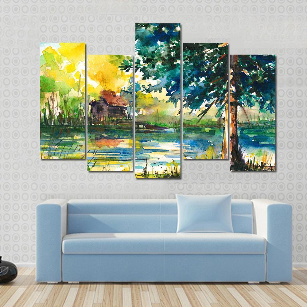 House Near The Lake Canvas Wall Art-5 Pop-Gallery Wrap-47" x 32"-Tiaracle