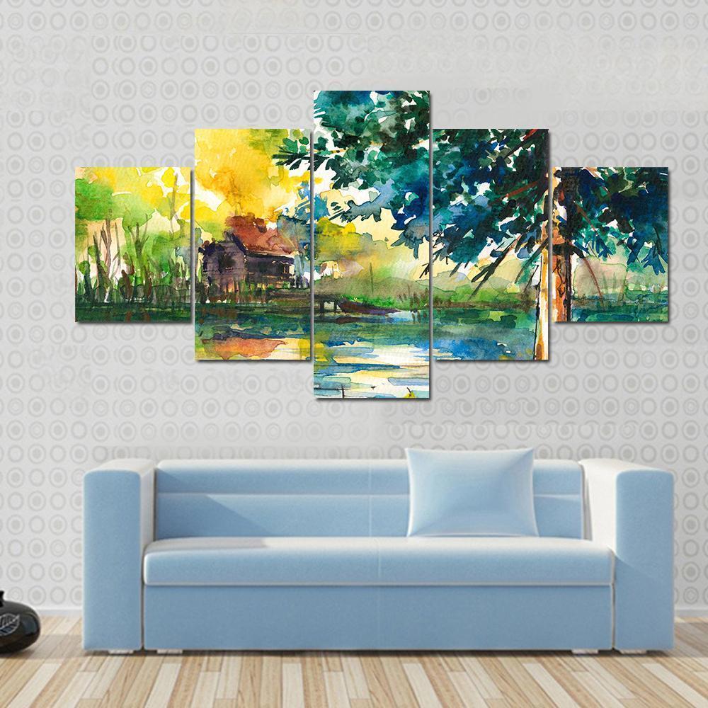 House Near The Lake Canvas Wall Art-5 Star-Gallery Wrap-62" x 32"-Tiaracle