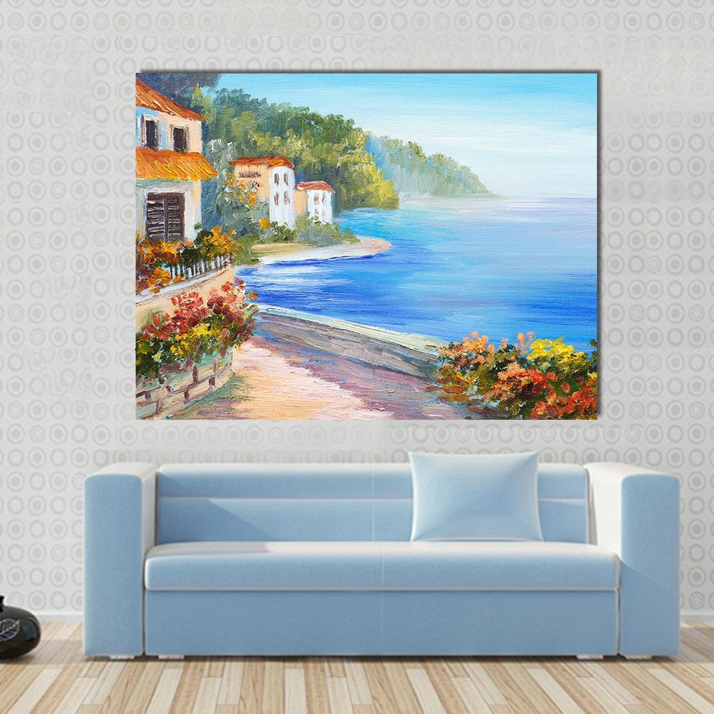 House Near The Sea Canvas Wall Art-1 Piece-Gallery Wrap-48" x 32"-Tiaracle